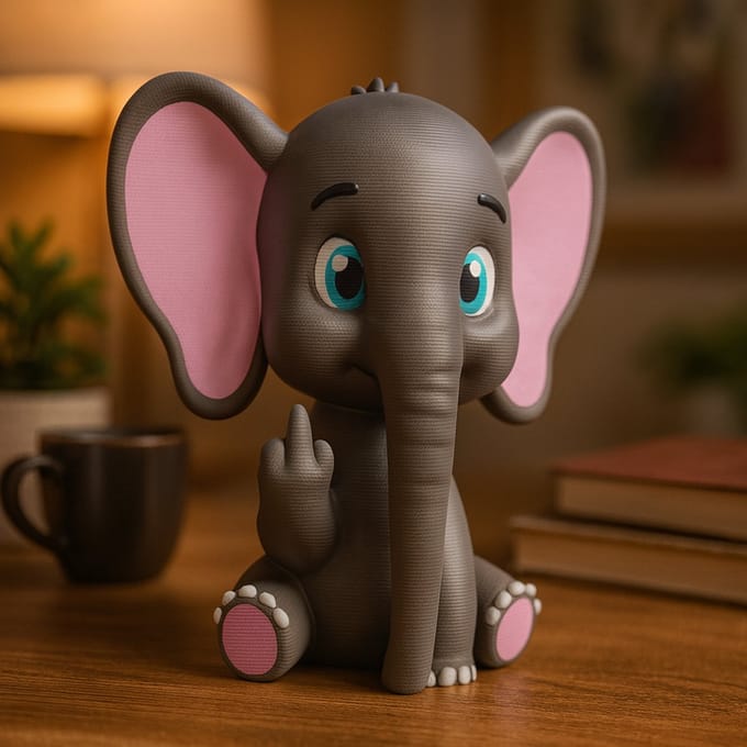 AnimalsAttitude – Grote Olifant Figurine met Middelvinger – 3D-geprint PLA Beeldje – Whimsical Home Accessory