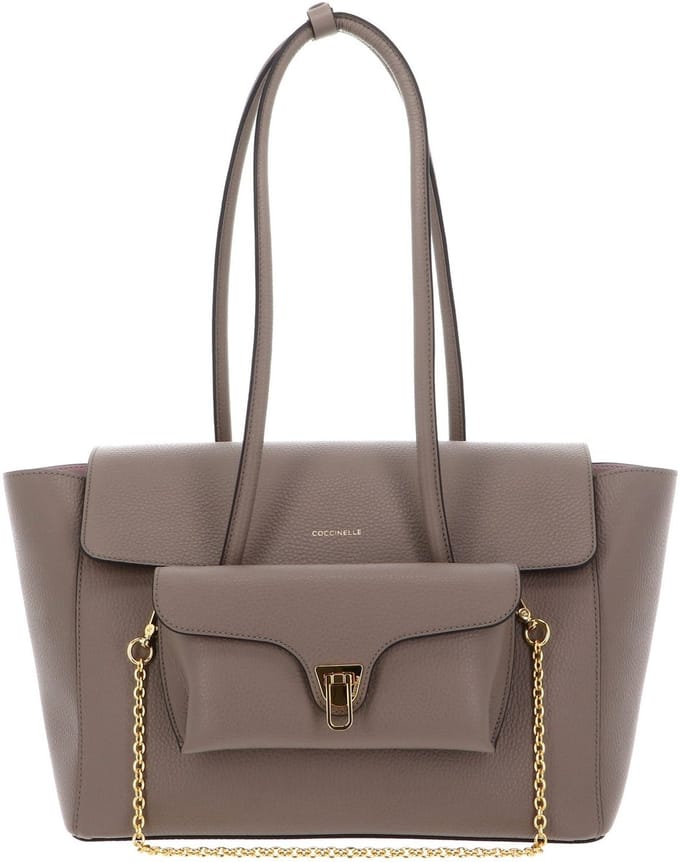 COCCINELLE Leren shopper schoudertas Double Beat Grained Leather Handbag Warm Taupe