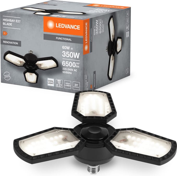 LEDVANCE Highbay Blade ceiling lamp in black, aluminium, with adjustable light wings, offers 60 W or 6500 lm in neutral white with 4,000 K, E27 screw thread, 337.5-mm diameter, IP20