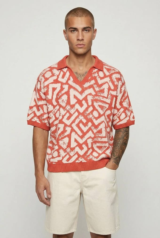 Oversized Boxy Abstract Jacquard Knitted Polo T-Shirt | Orange | Size Small