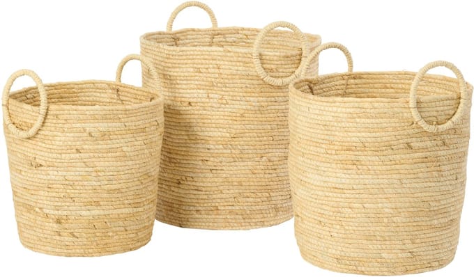 J-Line mand met handvat Rond - riet - naturel - set van 3