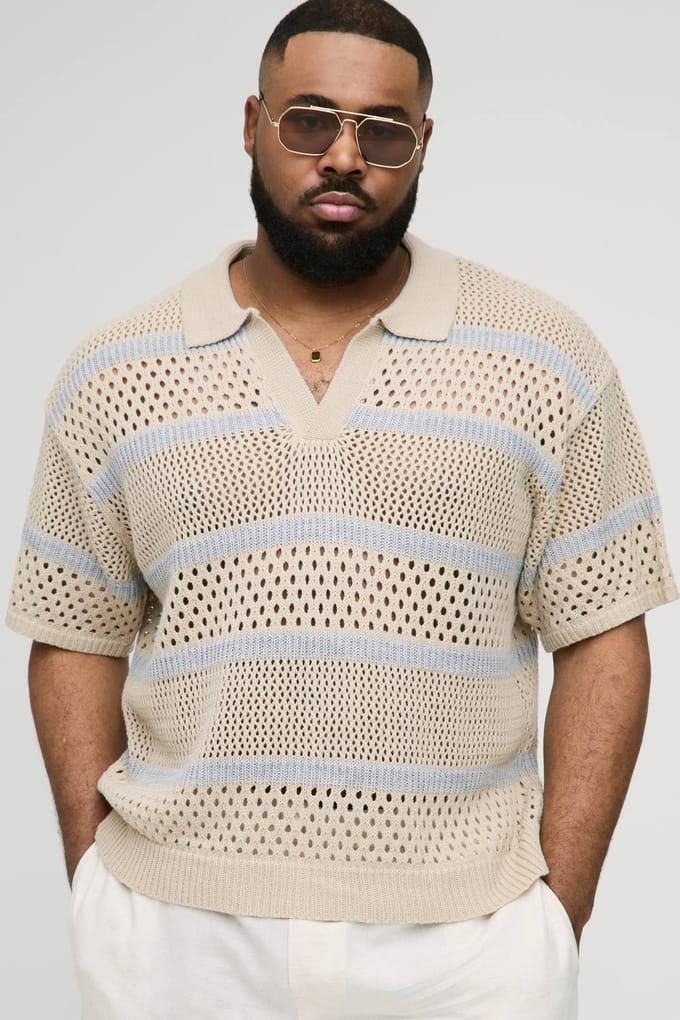 Plus Boxy Oversized Stripe Open Knit Polo T-Shirt | Stone | Size 2XL