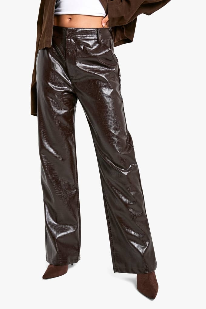 boohoo Dames Croc Pu Broek met Rechte Pijpen | Chocolate | Maat: 14