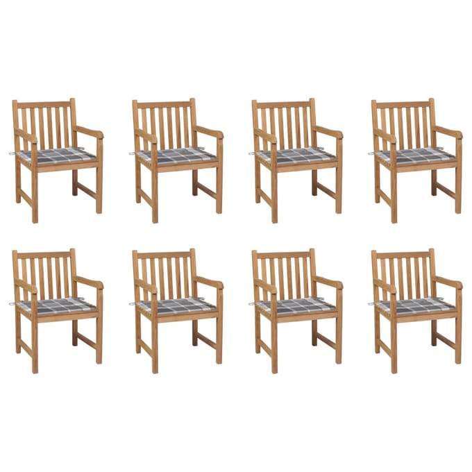 vidaXL - Tuinstoelen - 8 - st - met - grijs - geruite - kussens - massief - teakhout