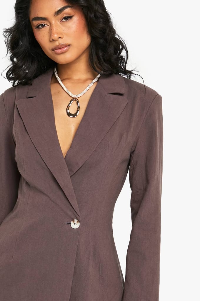 boohoo Dames Linnen Getailleerde Wikkelblazer | Chocoladebruin | Maat: 34