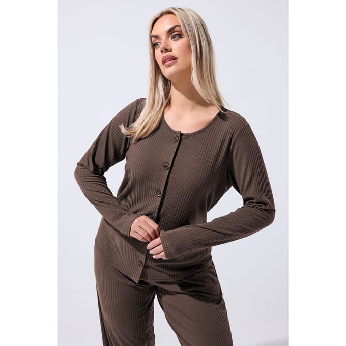 Limited Collection Bruine Geribbelde Top Met Knoopsluiting Size 46