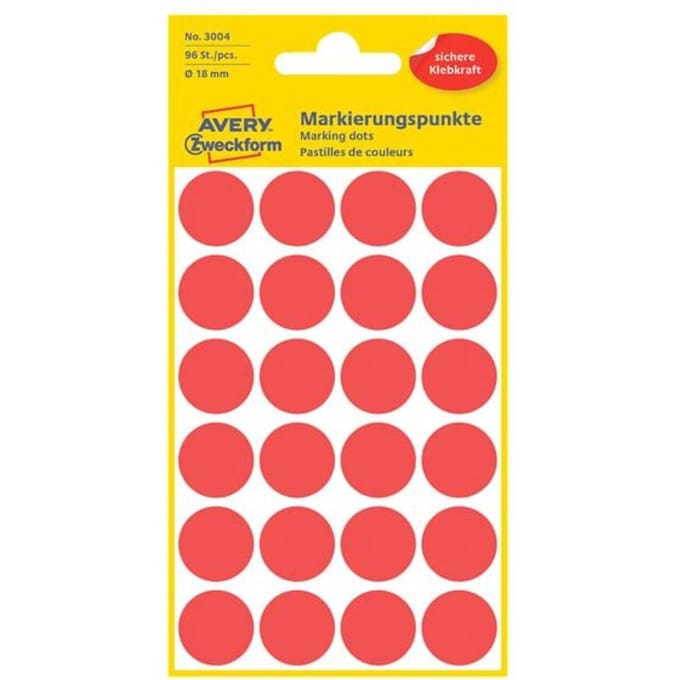 Avery-Zweckform 3004 Etiketten voor markeringspunten Ø 18 mm Rood 96 stuk(s) Permanent hechtend Papier