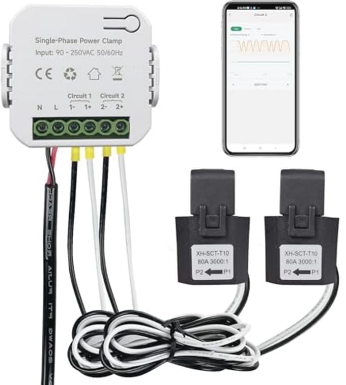 Bi-directionele WiFi-energiemonitor 80A met 2 klemmen voor realtime elektriciteitsmonitoring