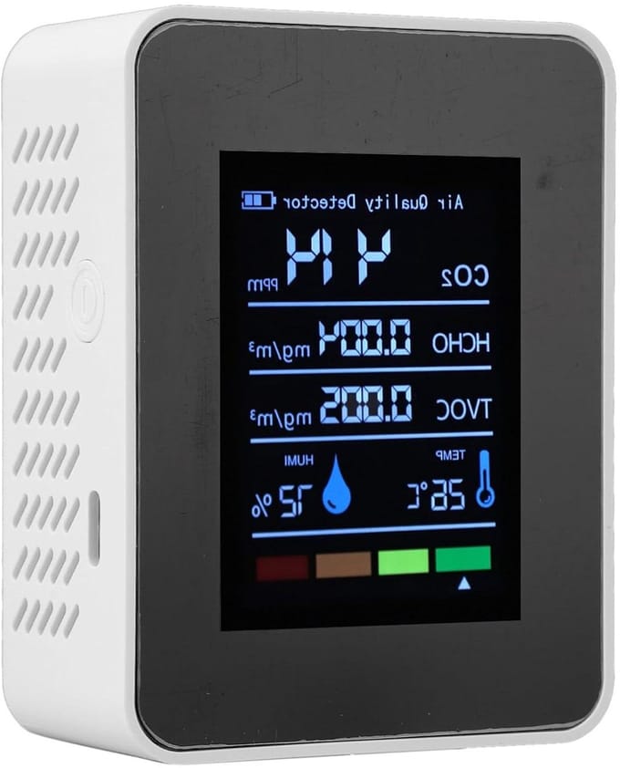 Luchtkwaliteitsmonitor - CO2 Meter Vochtigheid - Binnenlucht Meten - 5-in-1 Detector - 14 x 10 x 5 cm - Wit