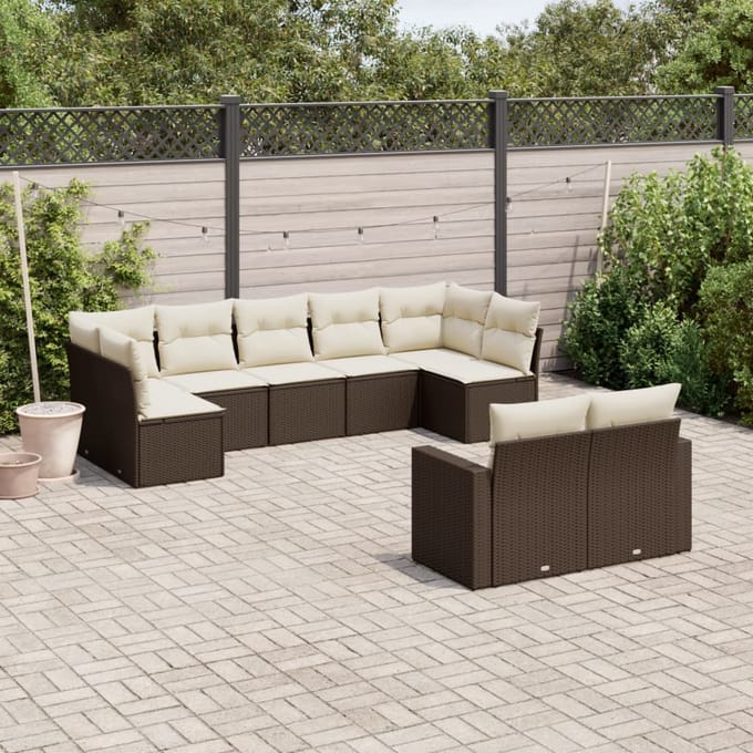 vidaXL - 9-delige - Loungeset - met - kussens - poly - rattan - bruin