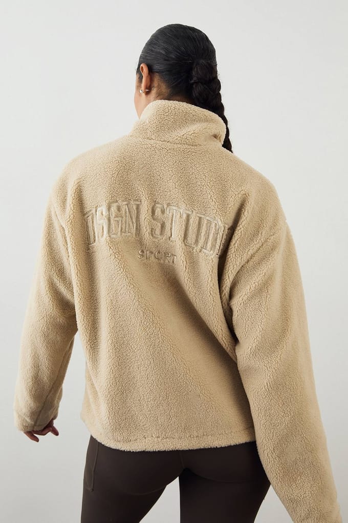 Dames DSGN Studio Borg Ritssluiting Coltrui Jas | Beige | Maat: XL