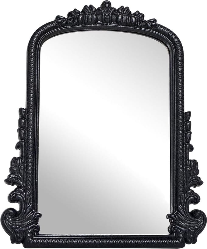 Vintage Zwarte Gebogen Make-up Spiegel met Antiek Gesneden Frame voor Slaapkamer en Commode