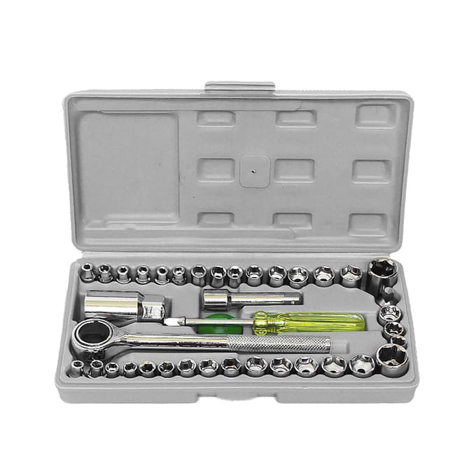 40-delige Sleutel- & Dopgereedschapskist 40-delig 1/4  en 3/8  Aandrijfdoppenset Metrisch en SAE zilver