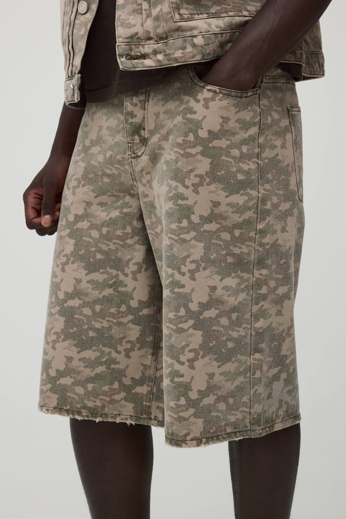 Washed Camo Longline Denim Jorts | Size 58R
