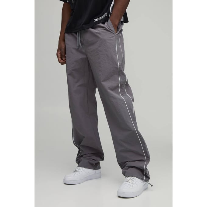 Tall Relaxed Fit Nylon Piping Detail Trousers | Grey | Size Medium