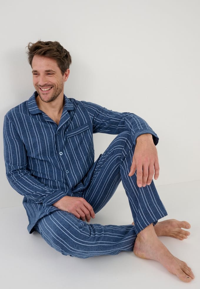 Damart - Pyjama van geborsteld flanel zuiver katoen - Heren - Blauw - M