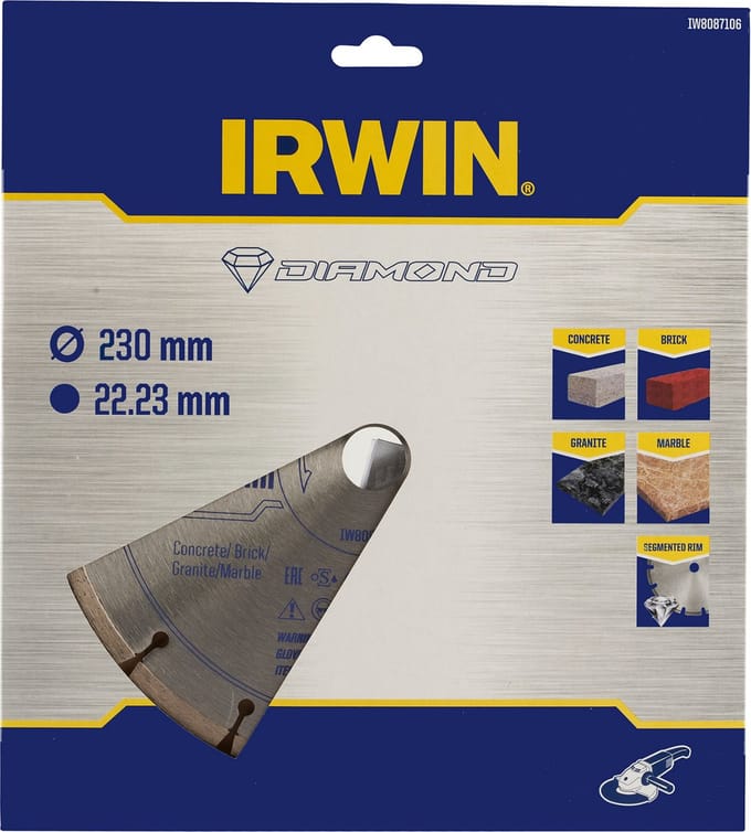 Irwin diamantzaagblad voor haakse slijper Ø230 mm. Voor steen.
