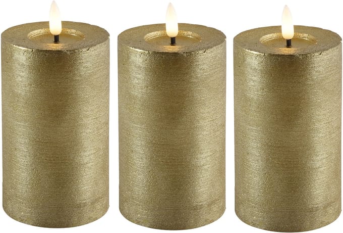Countryfield Lyon LED kaars/stompkaars - 3x - goud - D7,5 x H12,5 cm - timer