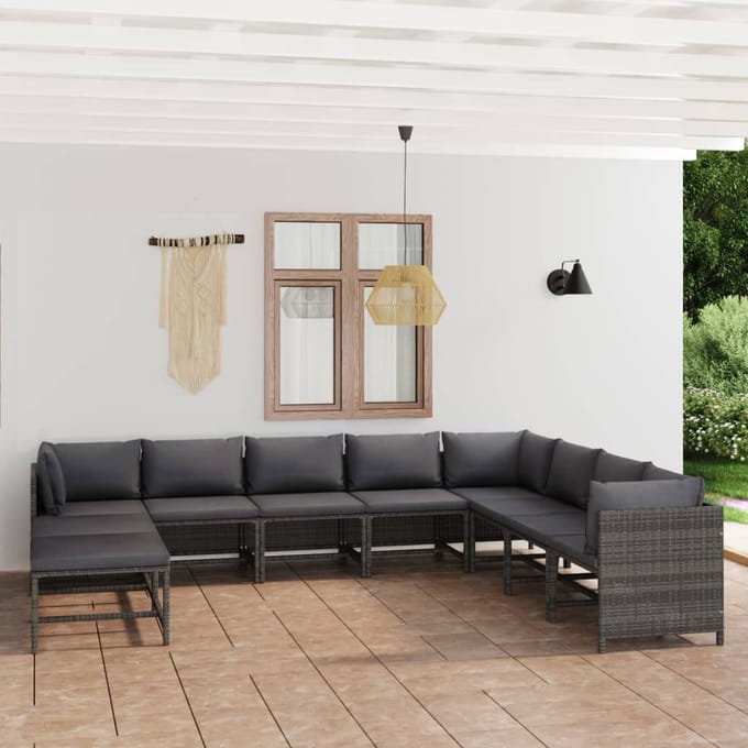 vidaXL - 11-delige - Loungeset - met - kussens - poly - rattan - grijs