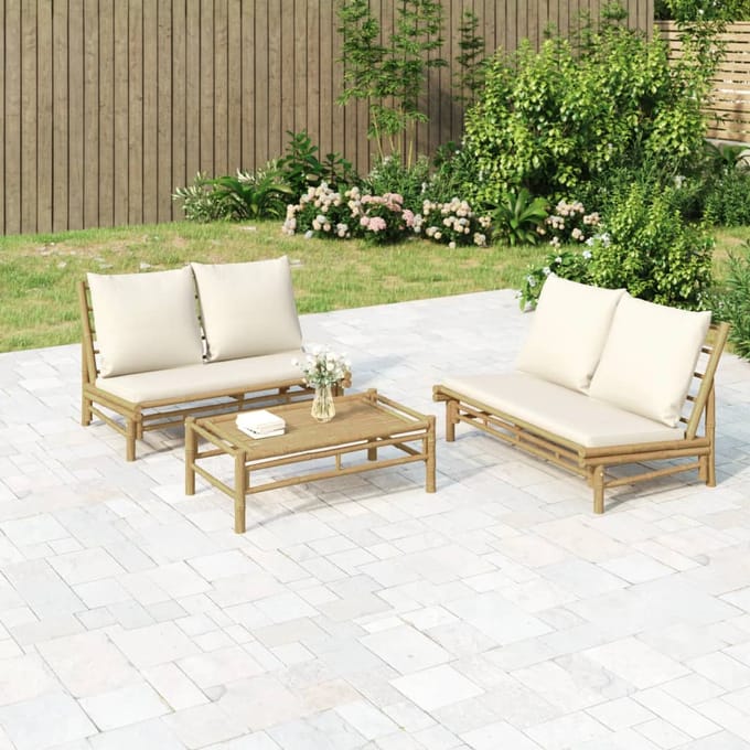vidaXL - 3-delige - Loungeset - met - kussens - bamboe - crèmewit