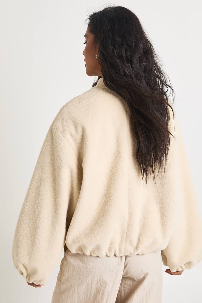 boohoo Dames Ballonmouw Wol-Look Bomber Jacket | Steen | Maat: 40