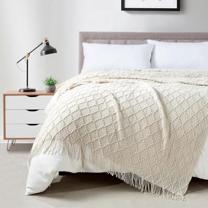 BOURINA Textured Blanket Solid Soft Throws and Blankets for Sofa or Bed Knitted Decorative Blanket 50 x 70 Inch Beige