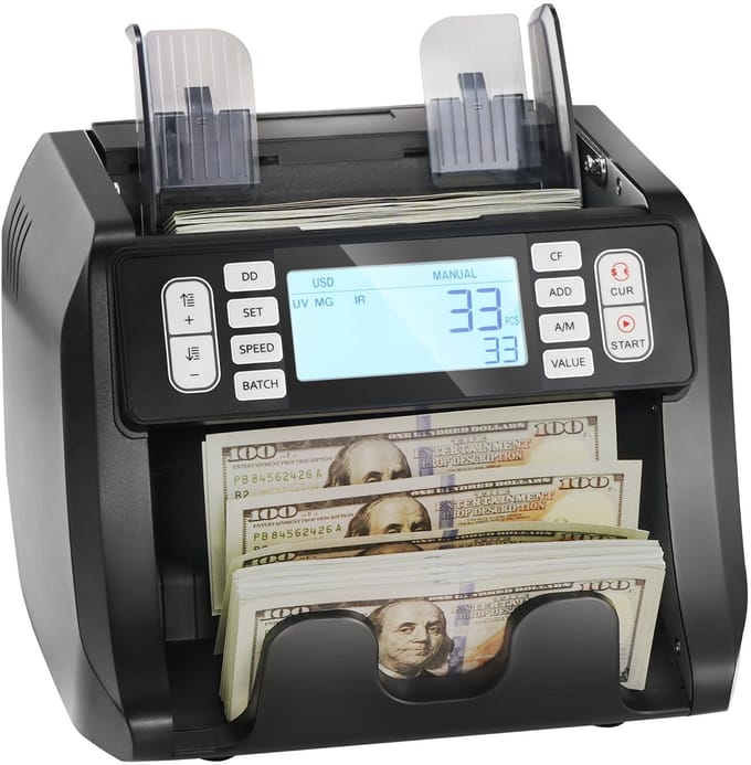 Geldtelmachine, Bankbiljetten Teller met UV-, MG-, IR- en DD-valsegelddetectie, USD- en EUR-geldtelmachine, Optel- en Batchmodus, Groot LCD en Extern Display