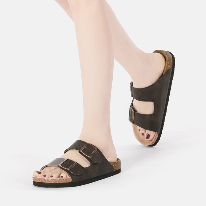 EVER AU Vrouwen Mallard Leren Tweeling Gesp Sandalen - Bruin Geolied Leer