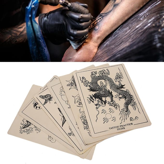 6 stuks Tattoo Oefenhuid Rubber Tattoo Training Body Art Tool met Patronen beige