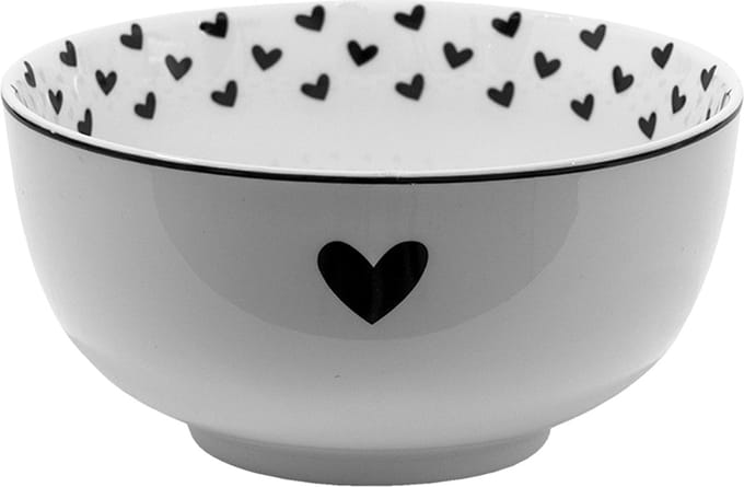 Clayre & Eef Soepkom 500 ml Wit Zwart Porselein Harten Serveerkom