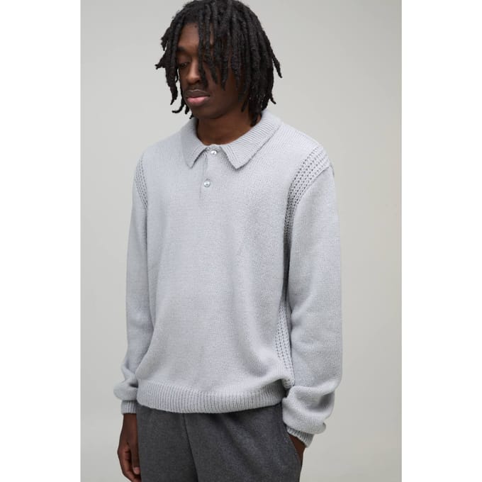 Regular Fit Fluffy Button Knitted Long Sleeve Polo T-Shirt | Light Grey | Size Large