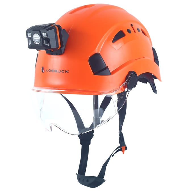Casque de sécurité LOEBUCK avec lunettes et phare LED, Casque de protection industriel pour travaux de construction 53-64cm