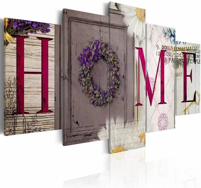 Schilderij - Welcome home , rood wit , hout look , 5 luik