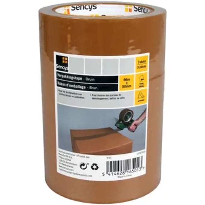 Sencys Verpakkingstape - Bruin - 66m X 50mm - 3 Stuks