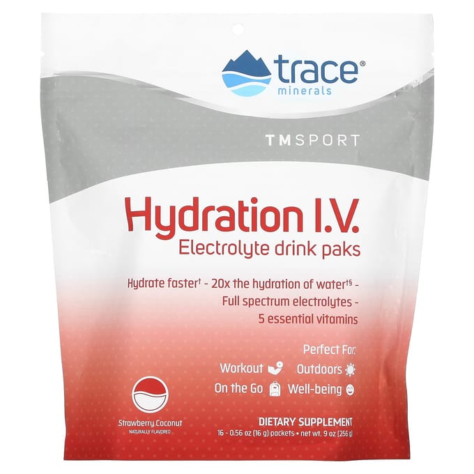 Trace, TM Sport, Hydratation IV, Pack de boisson électrolytique, Fraise Coco, 16 Sachets, 0,56 oz (16 g) Chaque