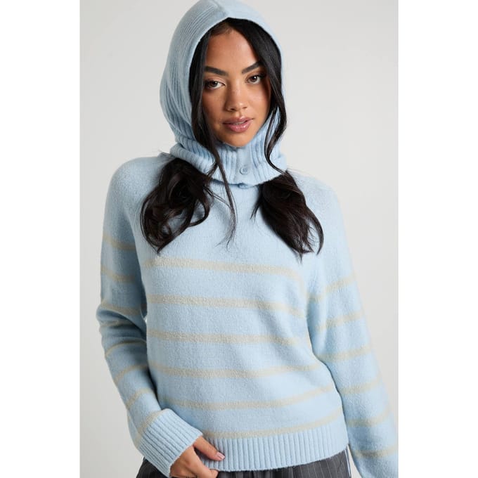 boohoo Dames Neck Detail Stripe Knit Jumper | Ice Blue | Maat: Medium