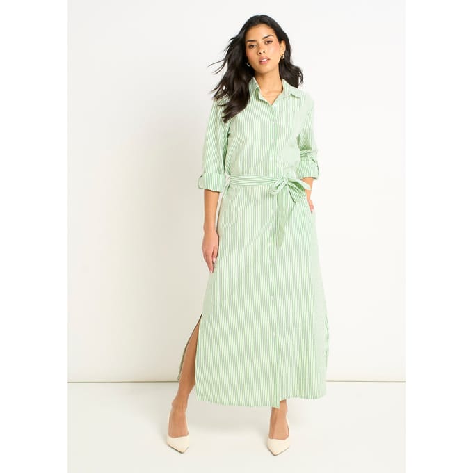 Groene seersucker gestreepte jurk met lange mouwen