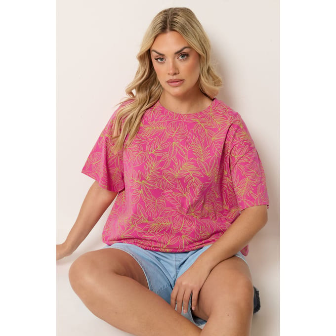 Yours Roze En Gele Tshirt Met Bladprint En Boxy Pasvorm Size 42