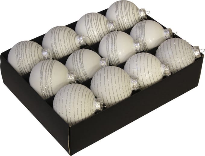 Othmar Decorations Luxe kerstballen - gedecoreerd - 12x st - wit - D7,5 cm - glas - kerstversiering