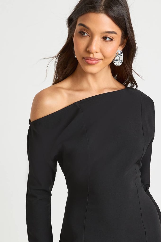 boohoo Dames Gestructureerde Bardot Mini Shift Jurk | Black | Maat: 8