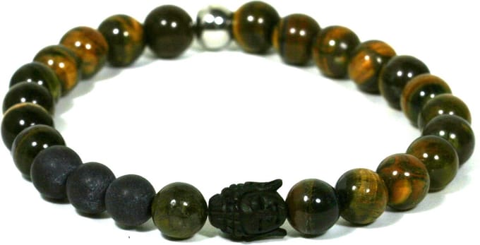 IbizaMen - heren armband - tijgeroog natuurstenen - buddha van hertegewei - 19cm