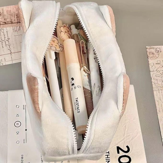 Schattig Frans Geroosterd Pennenzak Pluche Grote Capaciteit Studenten Etui Multifunctioneel Grappig Opbergtas Organizer voor Schrijfwaren wit