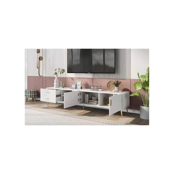 Meuble TV pour TV 75 , Centre de divertissement moderne, Console média (Blanc)