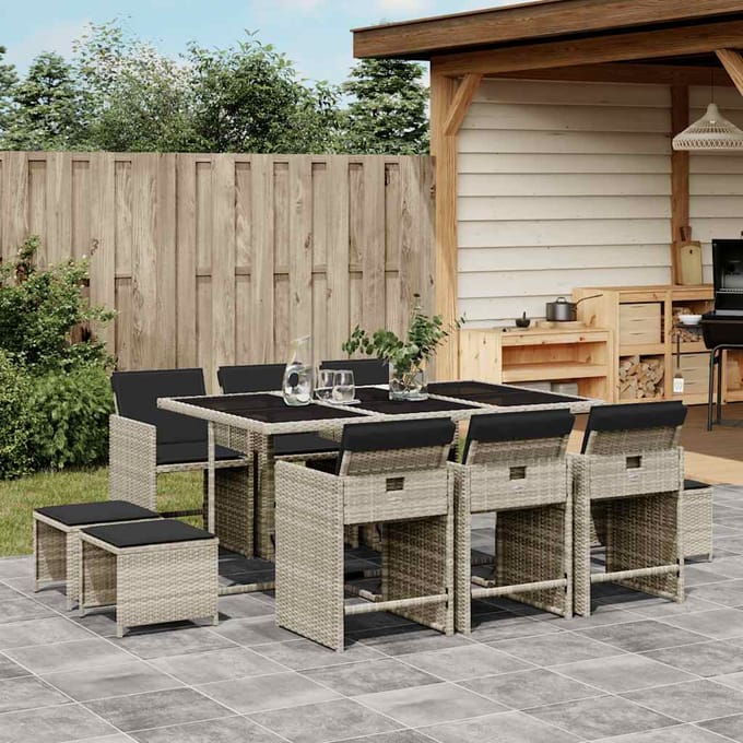 vidaXL - 11-delige - Tuinset - met - kussens - poly - rattan - lichtgrijs