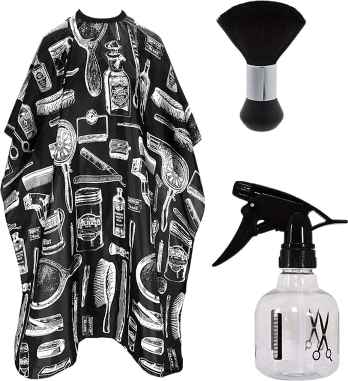 Nivard Baardschort - Beard Bib - Scheerschort - Baard Cape - Kappersmantel - Kapmantel - Zwart + Borstel + Spuit