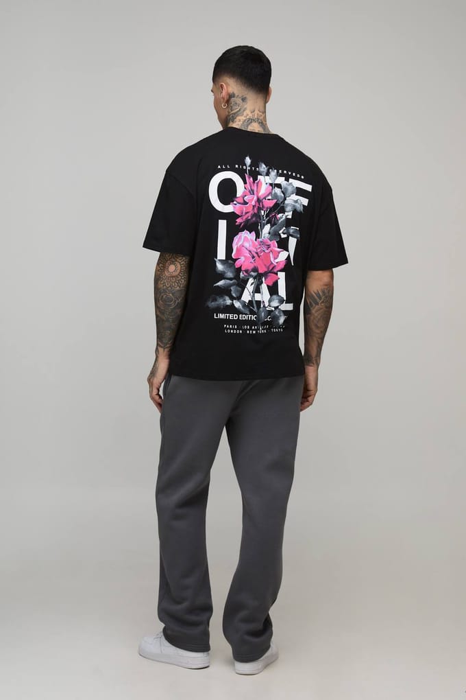 Lange oversized rozenprint officiële t-shirt | Black | Size Medium