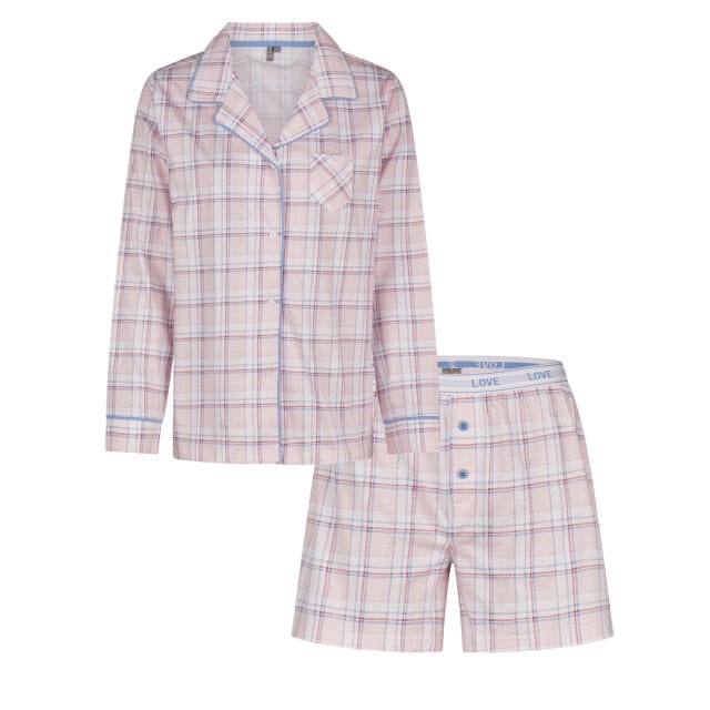By Louise Dames Pyjama Set Shortama Blouse Lange Mouw Roze Geruit - Maat M