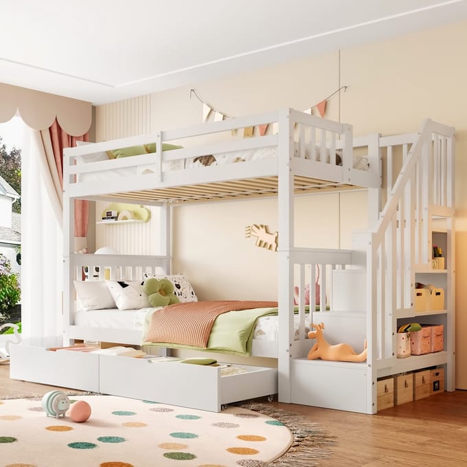Sweiko Stapelbed - 90 x 200 cm - 2 lades - Opbergplank - Houten kinderbed - Wit
