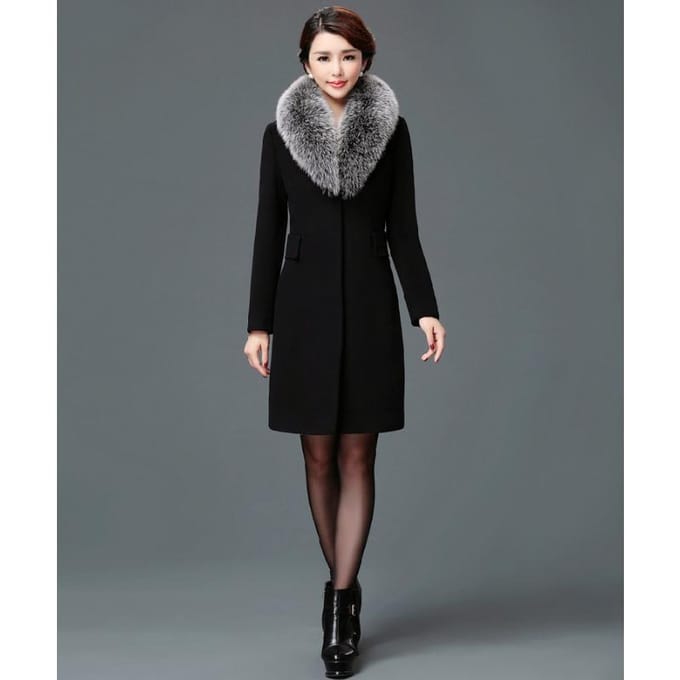Nieuwe Stijl Wollen Damesjas Middellang Wollen Kraag Windjack 3XL black