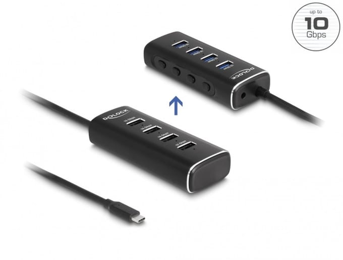 Delock 64233 64233 USB-hub 4 poorten USB-A, DC-aansluiting 3,5 mm USB 3.2 Gen2 10 GBit/s Met USB-C stekker Zwart